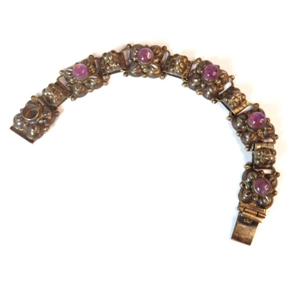 Vintage Sterling Silver Amethyst Cabochons Link Bracelet, Missing One Stone - Picture 2 of 7